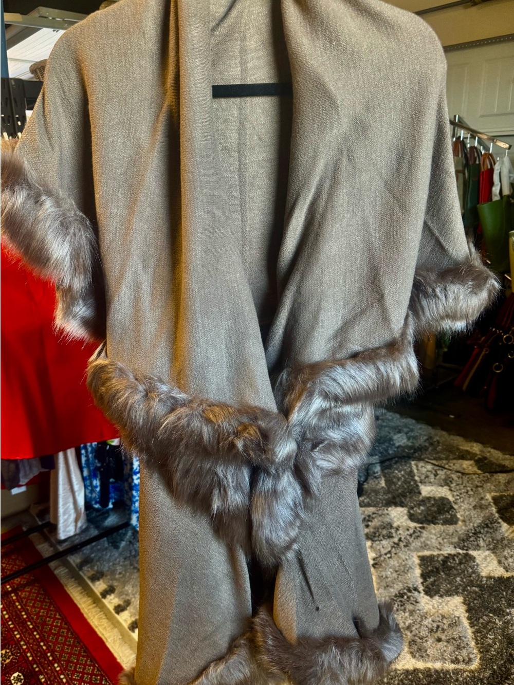Taupe Wrap Sweater with Faux Fur Trim